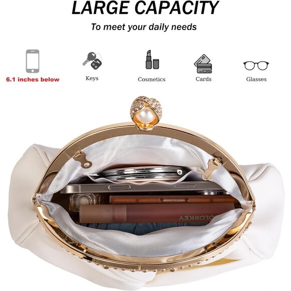 ⚡ Women's Cream Leather Dumpling Pearl Chain Evening Crossbody Clutch Bag - Picture 6 of 6